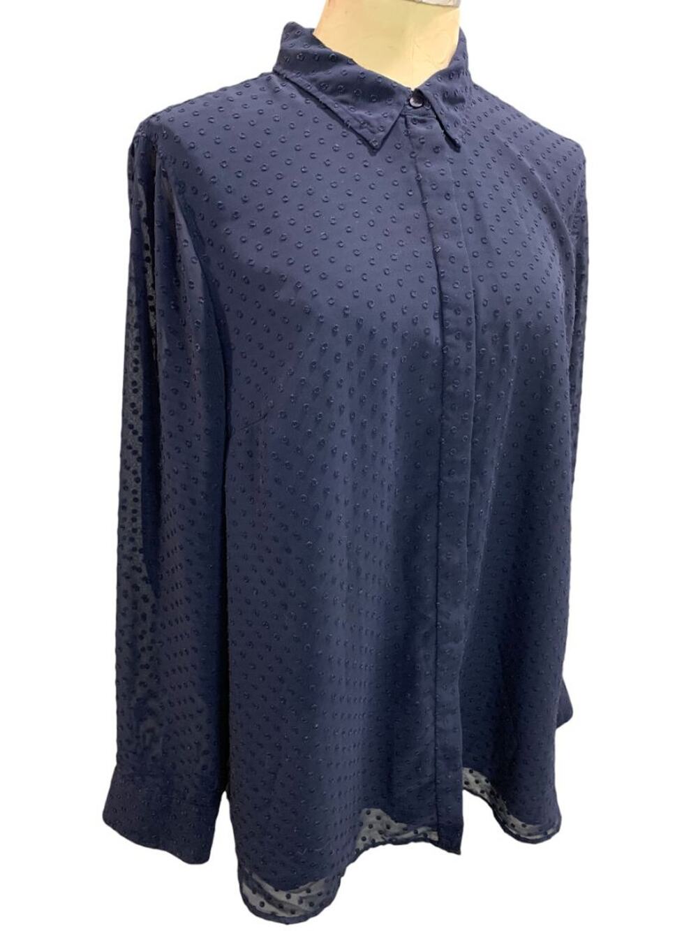 Size XL Talbots Womens Navy Blue Button Up Shirt Textured Dots Lined